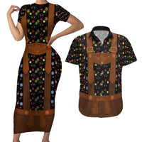 Traditional German Costume - Lederhosen Couples Matching Short Sleeve Bodycon Dress and Hawaiian Shirt Folk Floral Pattern Style