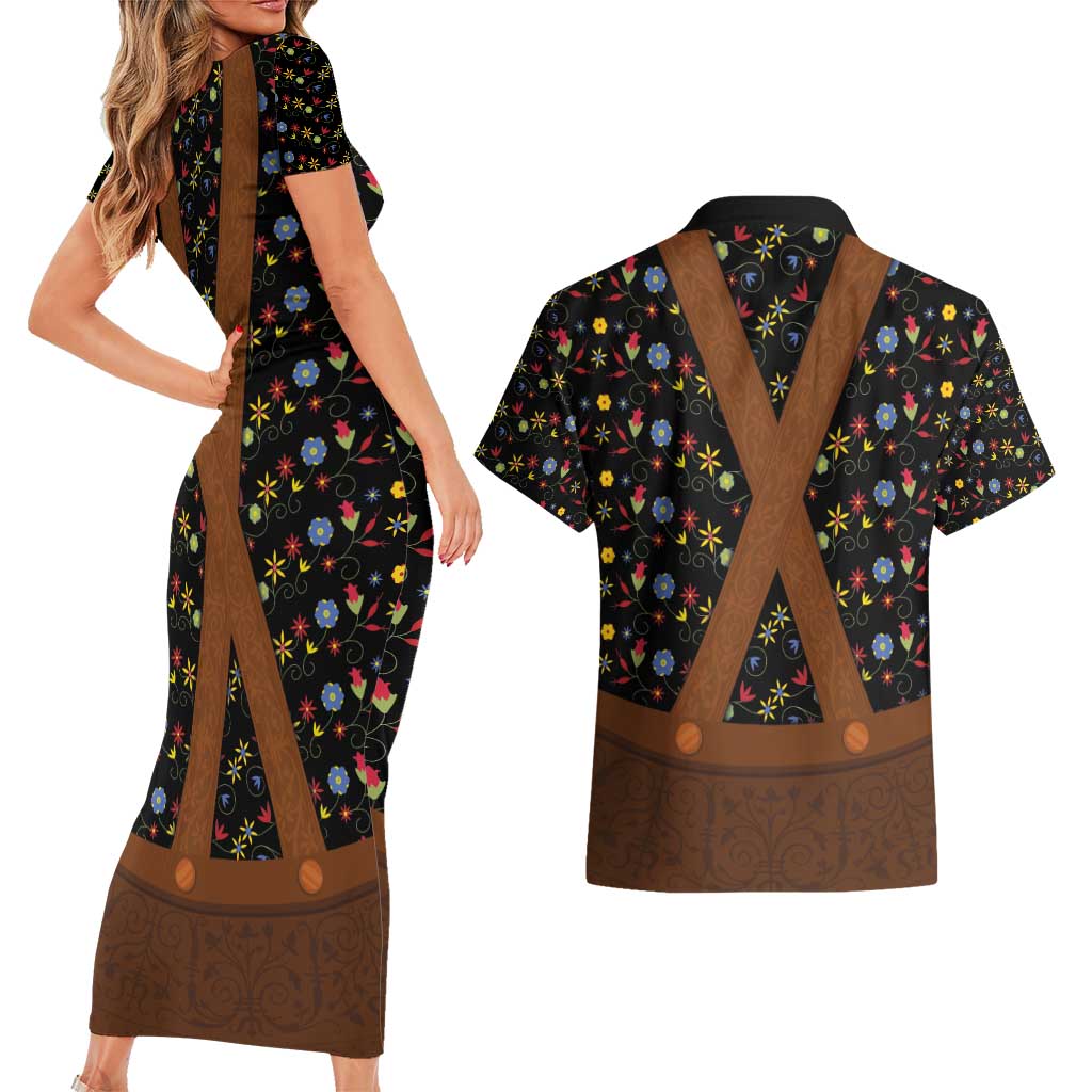Traditional German Costume - Lederhosen Couples Matching Short Sleeve Bodycon Dress and Hawaiian Shirt Folk Floral Pattern Style