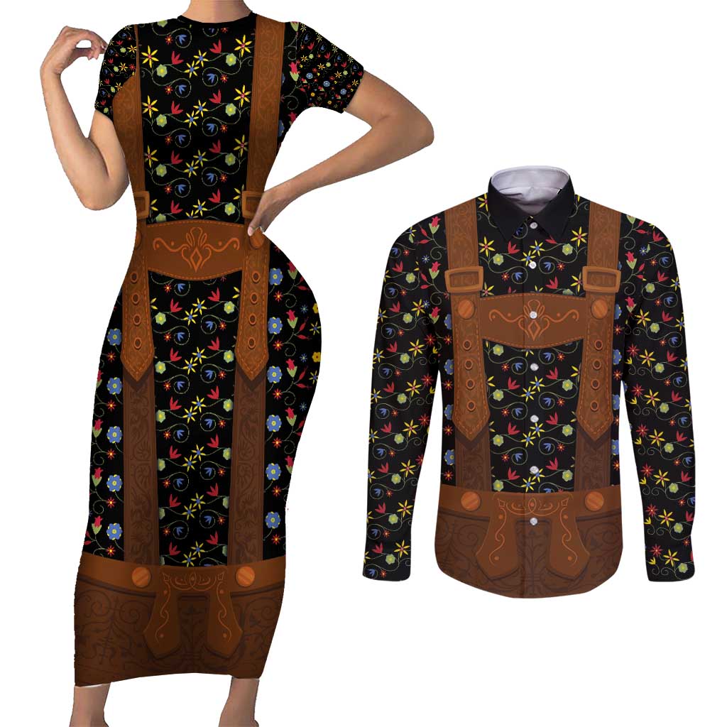 Traditional German Costume - Lederhosen Couples Matching Short Sleeve Bodycon Dress and Long Sleeve Button Shirt Folk Floral Pattern Style