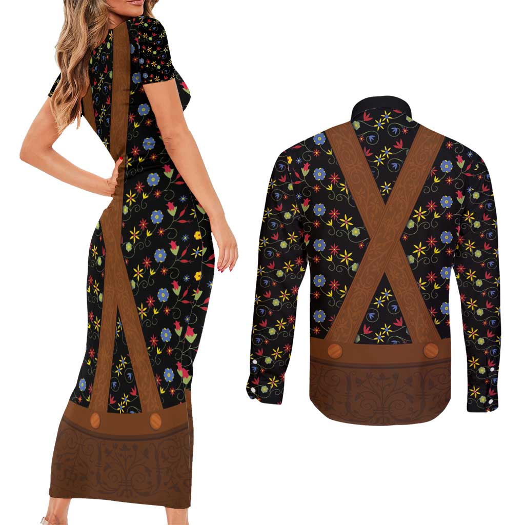 Traditional German Costume - Lederhosen Couples Matching Short Sleeve Bodycon Dress and Long Sleeve Button Shirt Folk Floral Pattern Style
