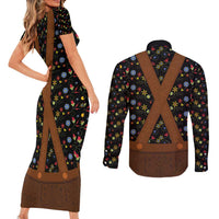 Traditional German Costume - Lederhosen Couples Matching Short Sleeve Bodycon Dress and Long Sleeve Button Shirt Folk Floral Pattern Style