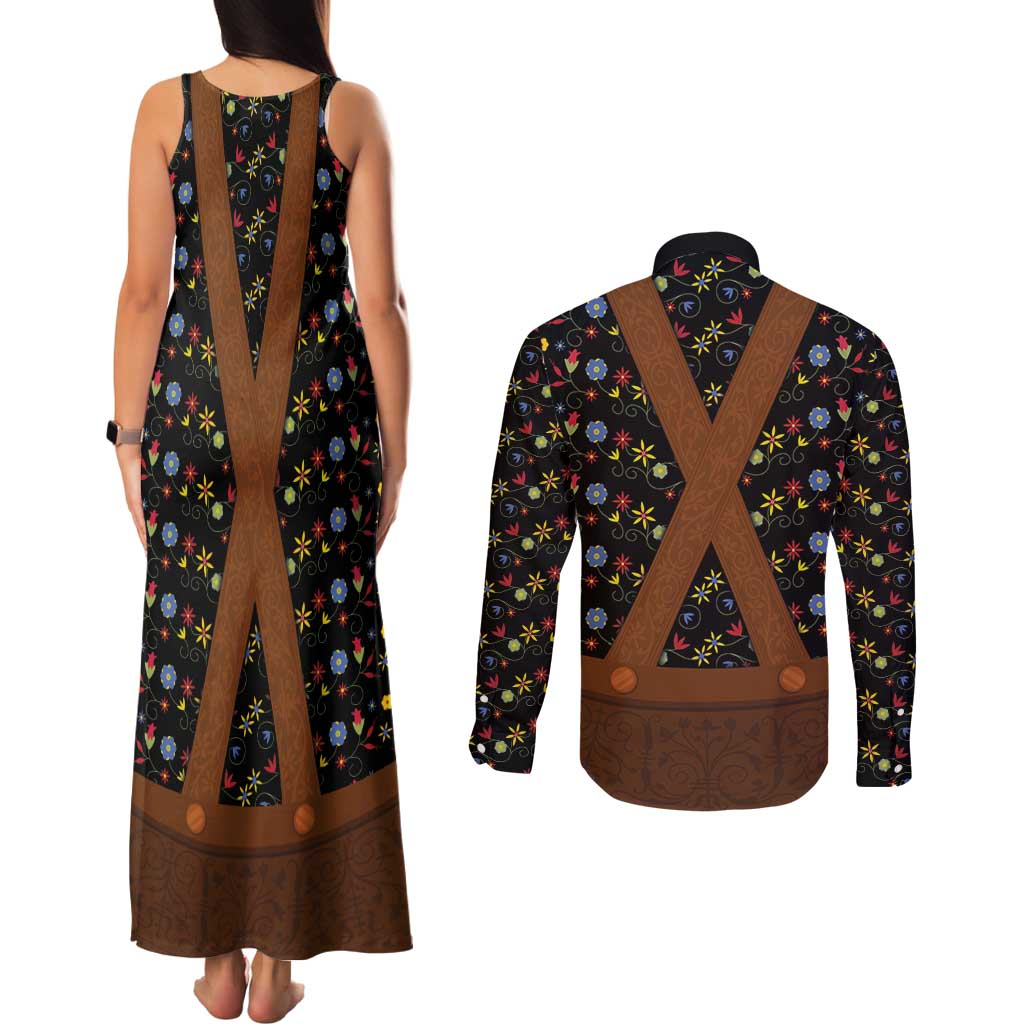 Traditional German Costume - Lederhosen Couples Matching Tank Maxi Dress and Long Sleeve Button Shirt Folk Floral Pattern Style