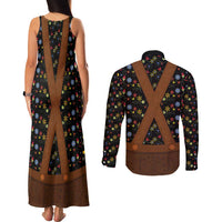 Traditional German Costume - Lederhosen Couples Matching Tank Maxi Dress and Long Sleeve Button Shirt Folk Floral Pattern Style