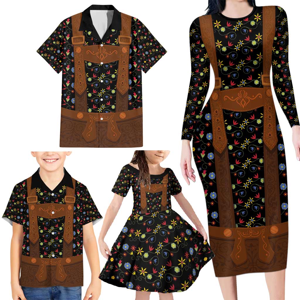 Traditional German Costume - Lederhosen Family Matching Long Sleeve Bodycon Dress and Hawaiian Shirt Folk Floral Pattern Style - Wonder Print Shop