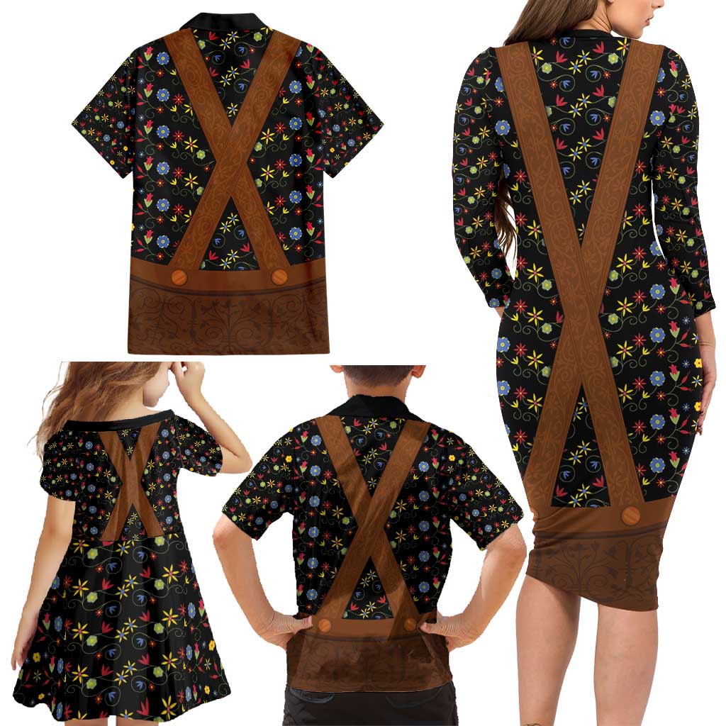 Traditional German Costume - Lederhosen Family Matching Long Sleeve Bodycon Dress and Hawaiian Shirt Folk Floral Pattern Style - Wonder Print Shop