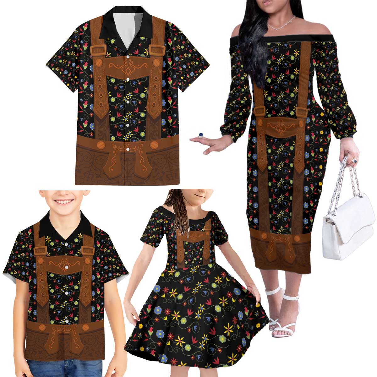 Traditional German Costume - Lederhosen Family Matching Off The Shoulder Long Sleeve Dress and Hawaiian Shirt Folk Floral Pattern Style