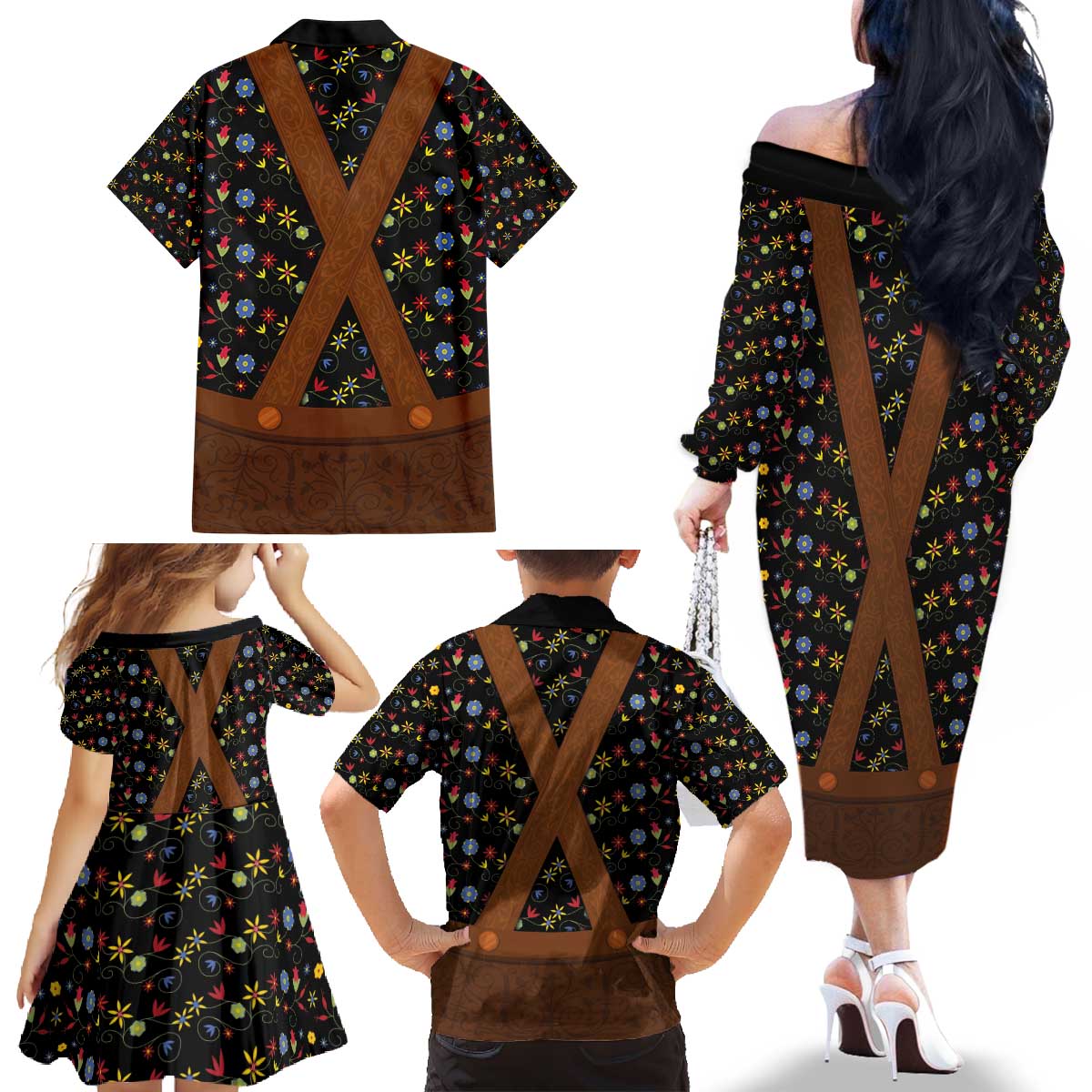 Traditional German Costume - Lederhosen Family Matching Off The Shoulder Long Sleeve Dress and Hawaiian Shirt Folk Floral Pattern Style