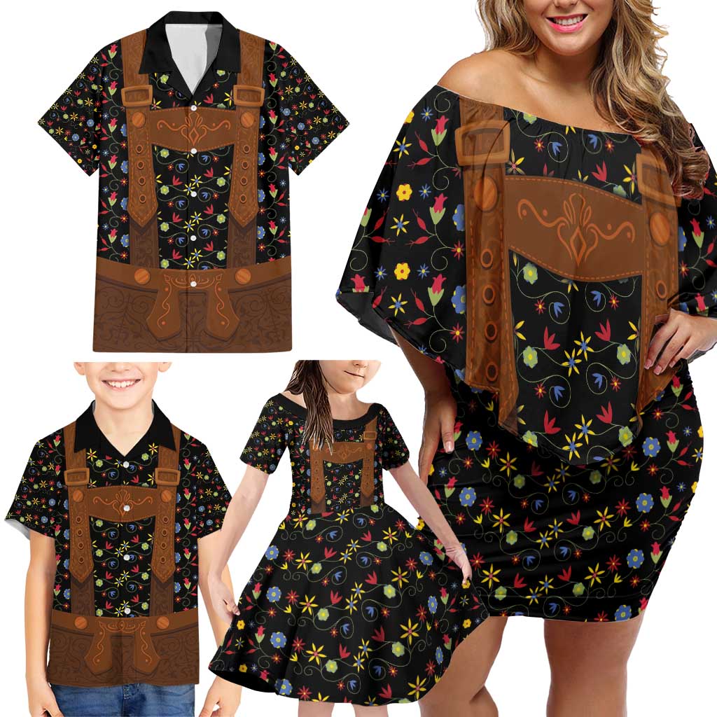 Traditional German Costume - Lederhosen Family Matching Off Shoulder Short Dress and Hawaiian Shirt Folk Floral Pattern Style - Wonder Print Shop