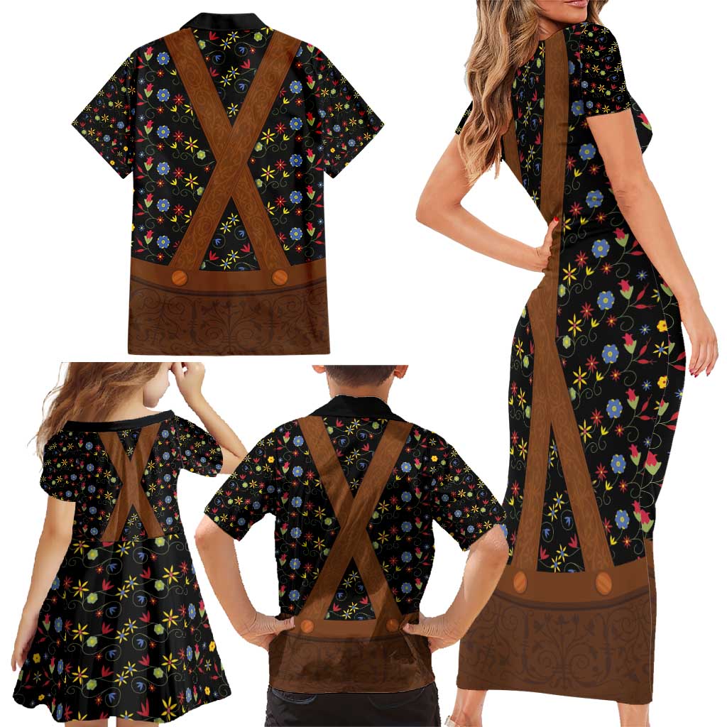 Traditional German Costume - Lederhosen Family Matching Short Sleeve Bodycon Dress and Hawaiian Shirt Folk Floral Pattern Style - Wonder Print Shop