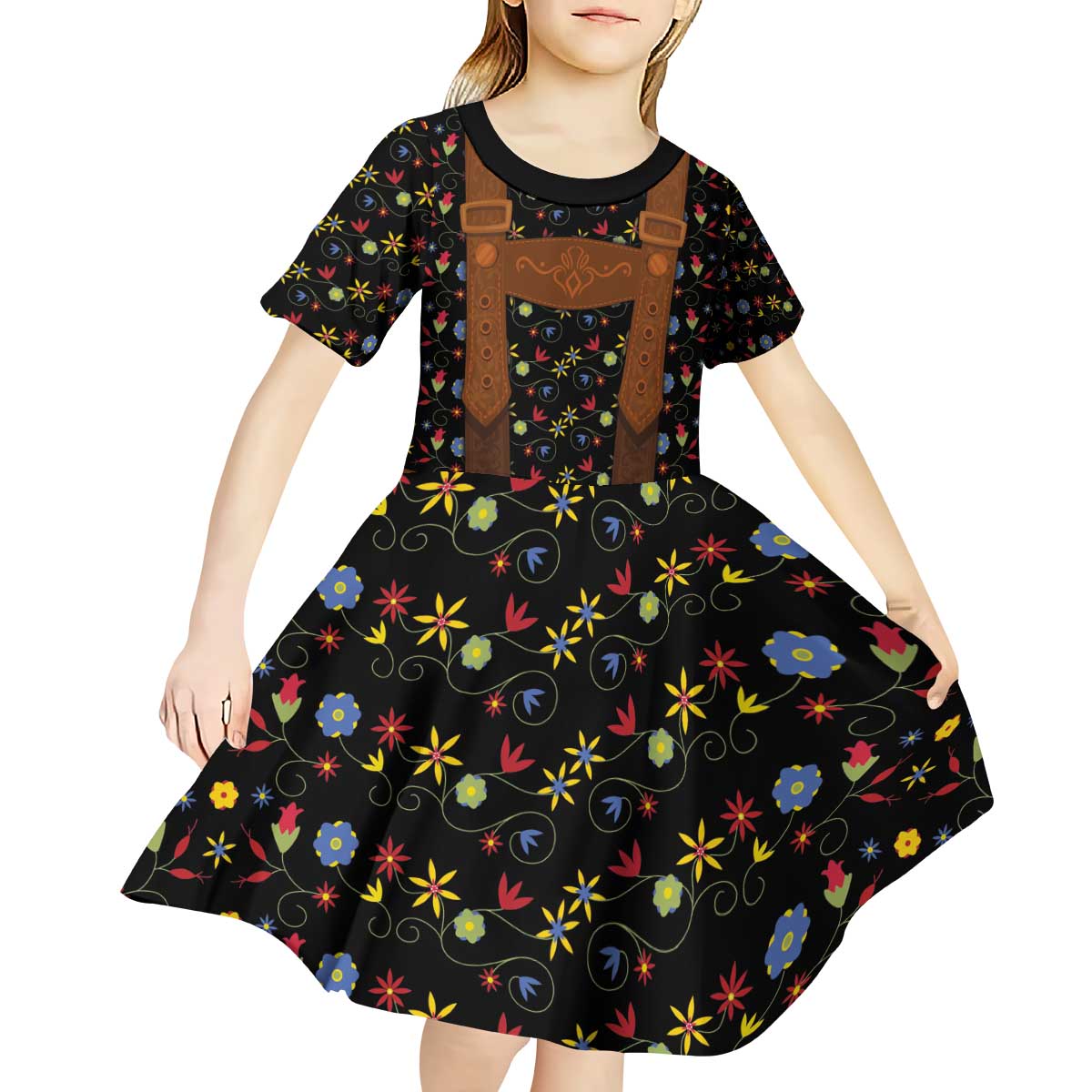 Traditional German Costume - Lederhosen Kid Short Sleeve Dress Folk Floral Pattern Style - Wonder Print Shop