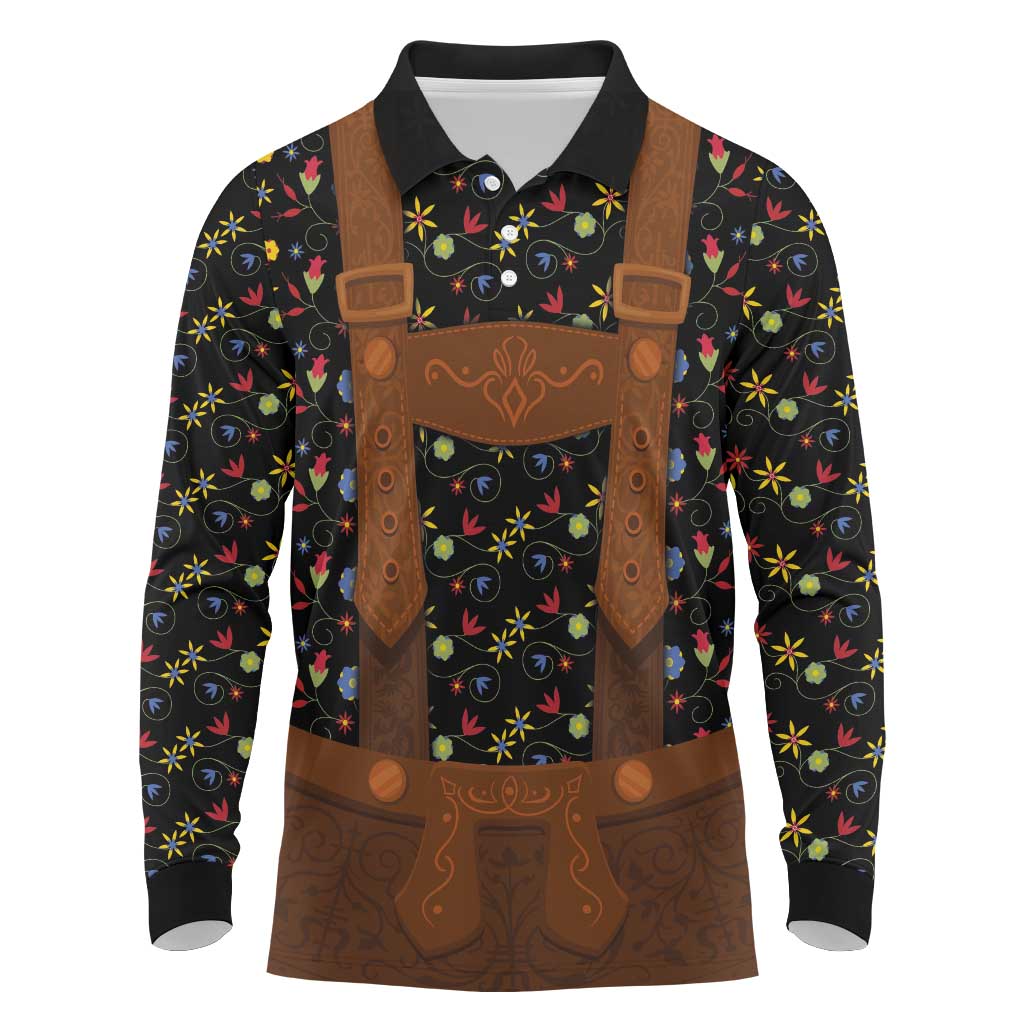 Traditional German Costume - Lederhosen Long Sleeve Polo Shirt Folk Floral Pattern Style - Wonder Print Shop