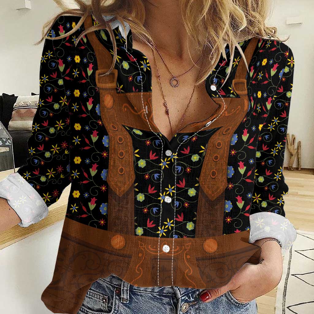 Traditional German Costume - Lederhosen Women Casual Shirt Folk Floral Pattern Style - Wonder Print Shop