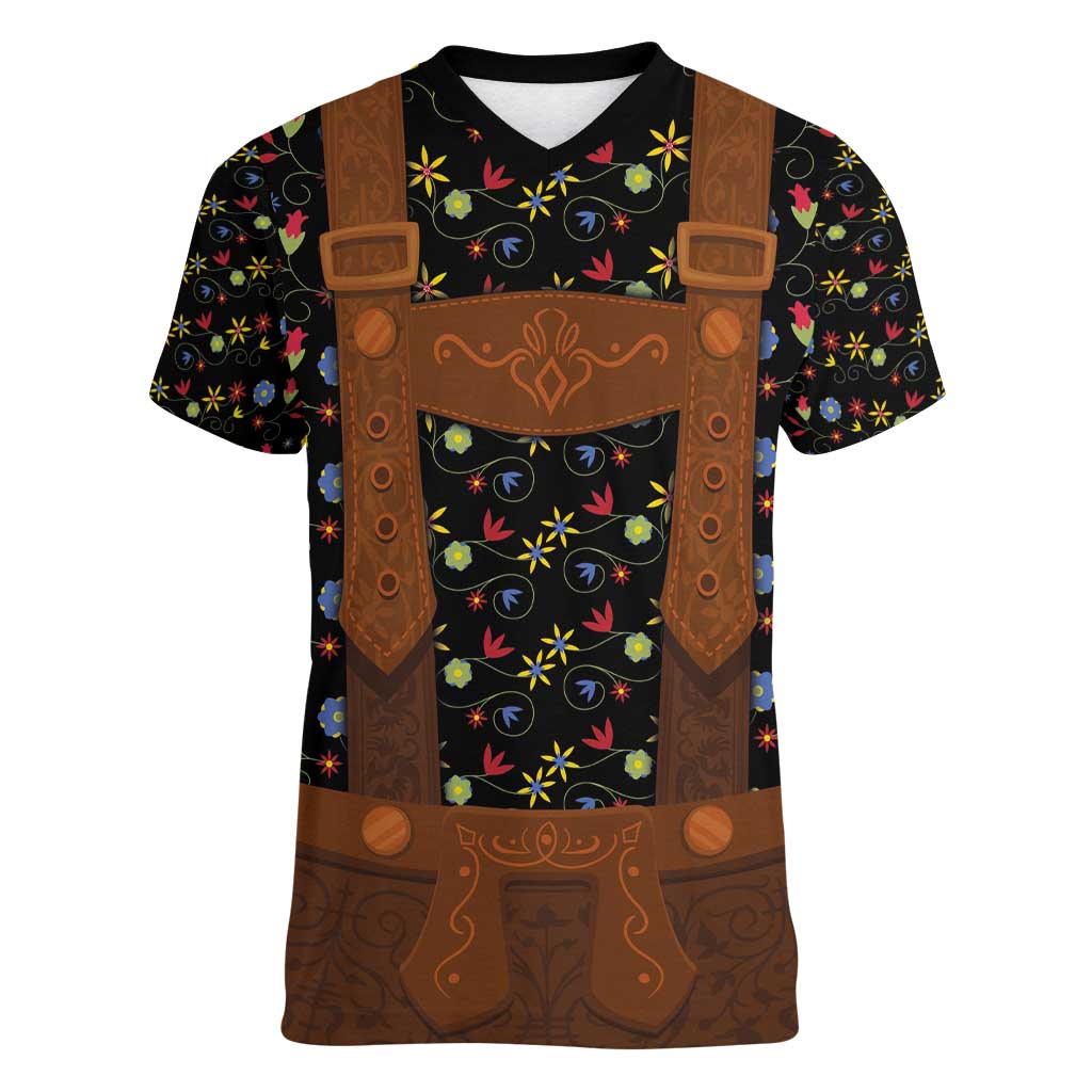 Traditional German Costume - Lederhosen Women V-Neck T-Shirt Folk Floral Pattern Style - Wonder Print Shop