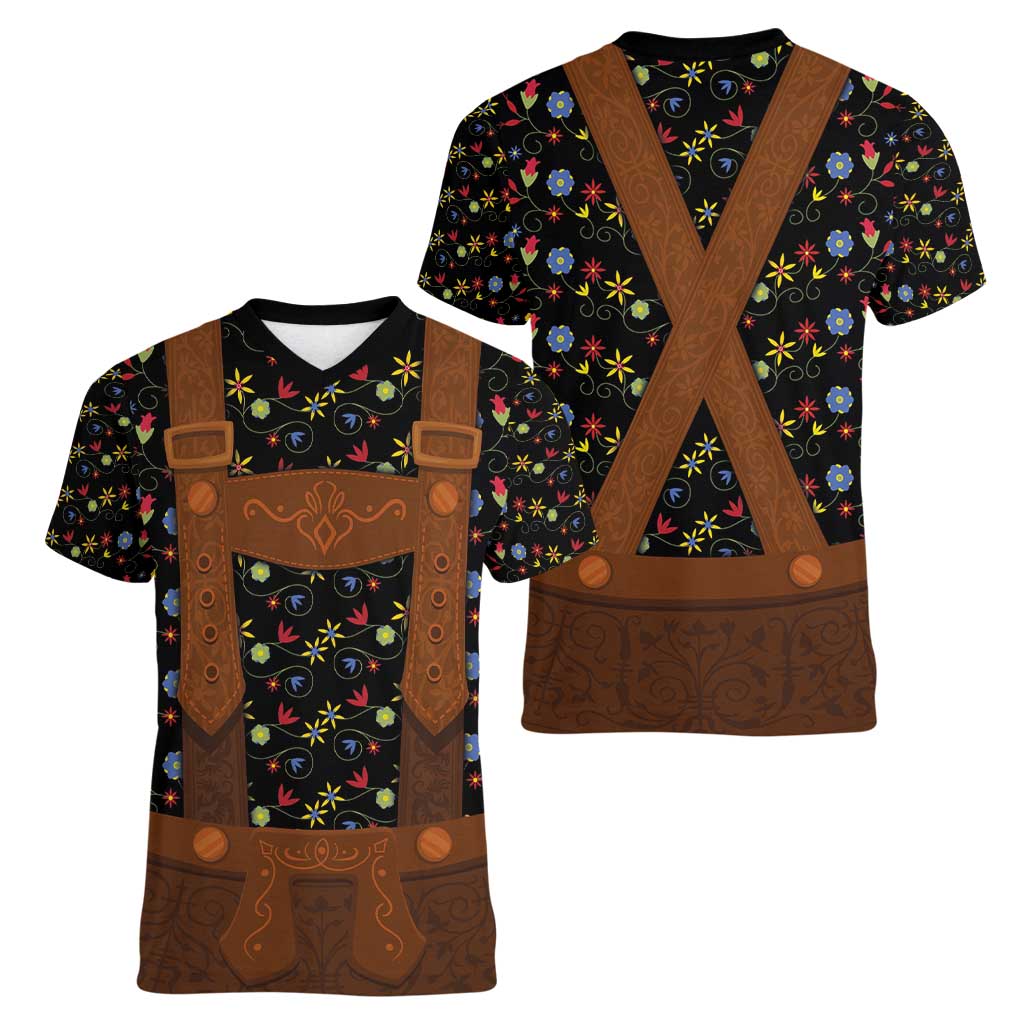 Traditional German Costume - Lederhosen Women V-Neck T-Shirt Folk Floral Pattern Style - Wonder Print Shop