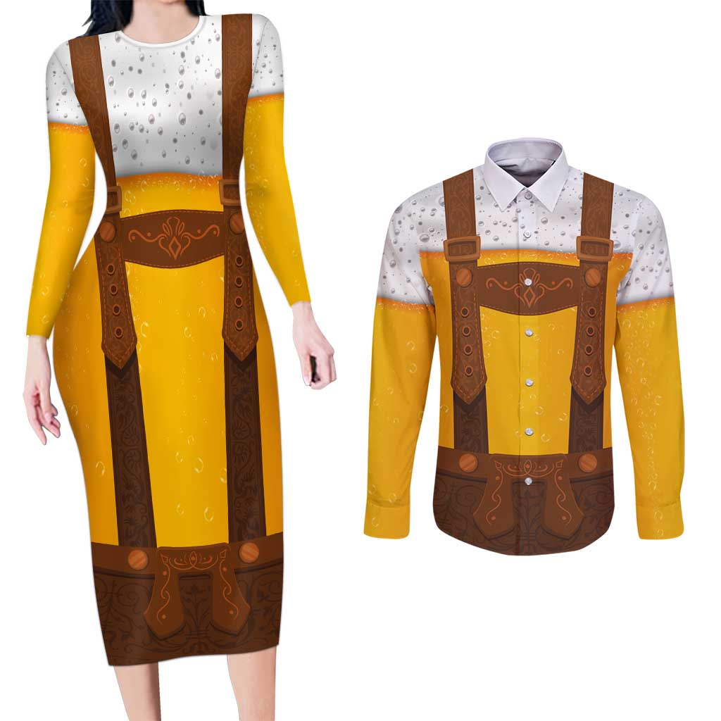 Traditional German Costume - Lederhosen Couples Matching Long Sleeve Bodycon Dress and Long Sleeve Button Shirt Oktoberfest Beer Head Funny Style