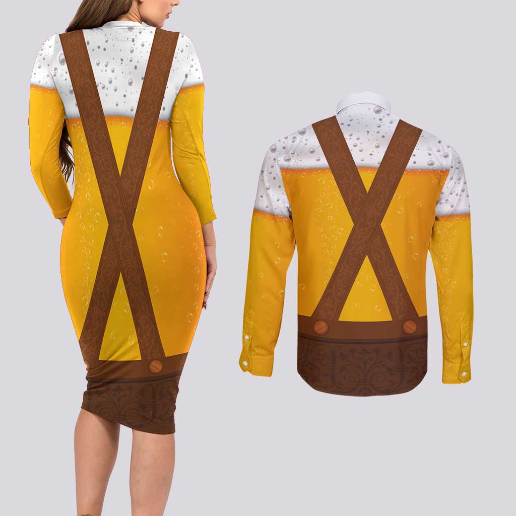 Traditional German Costume - Lederhosen Couples Matching Long Sleeve Bodycon Dress and Long Sleeve Button Shirt Oktoberfest Beer Head Funny Style