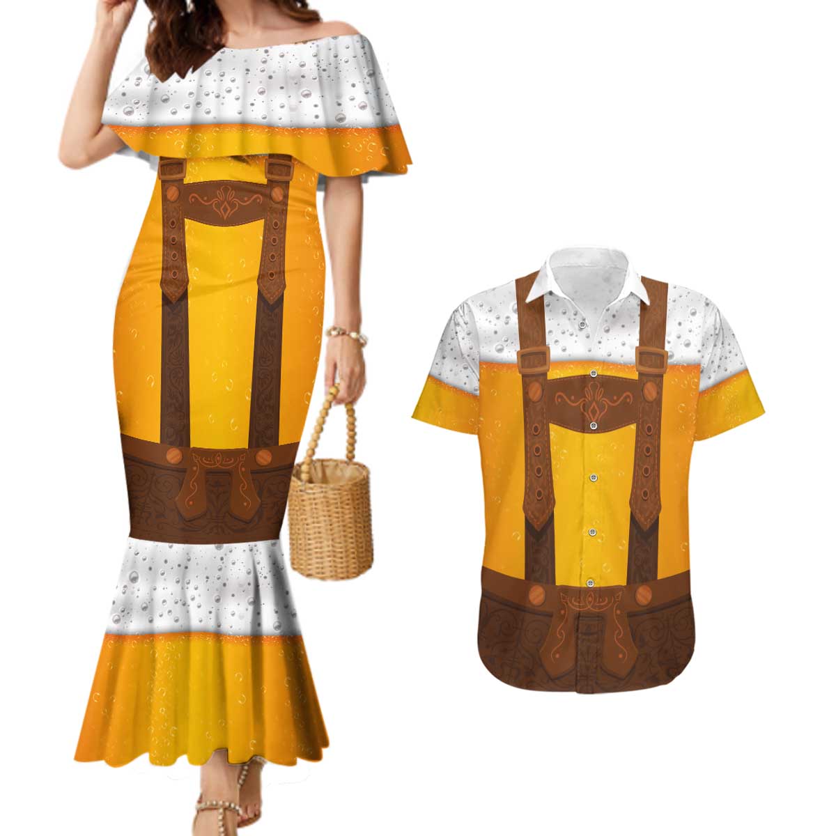 Traditional German Costume - Lederhosen Couples Matching Mermaid Dress and Hawaiian Shirt Oktoberfest Beer Head Funny Style