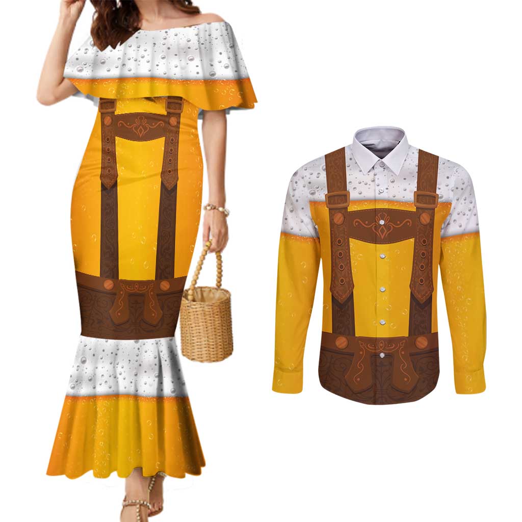 Traditional German Costume - Lederhosen Couples Matching Mermaid Dress and Long Sleeve Button Shirt Oktoberfest Beer Head Funny Style