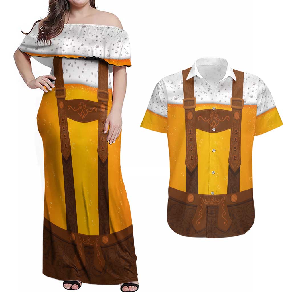 Traditional German Costume - Lederhosen Couples Matching Off Shoulder Maxi Dress and Hawaiian Shirt Oktoberfest Beer Head Funny Style