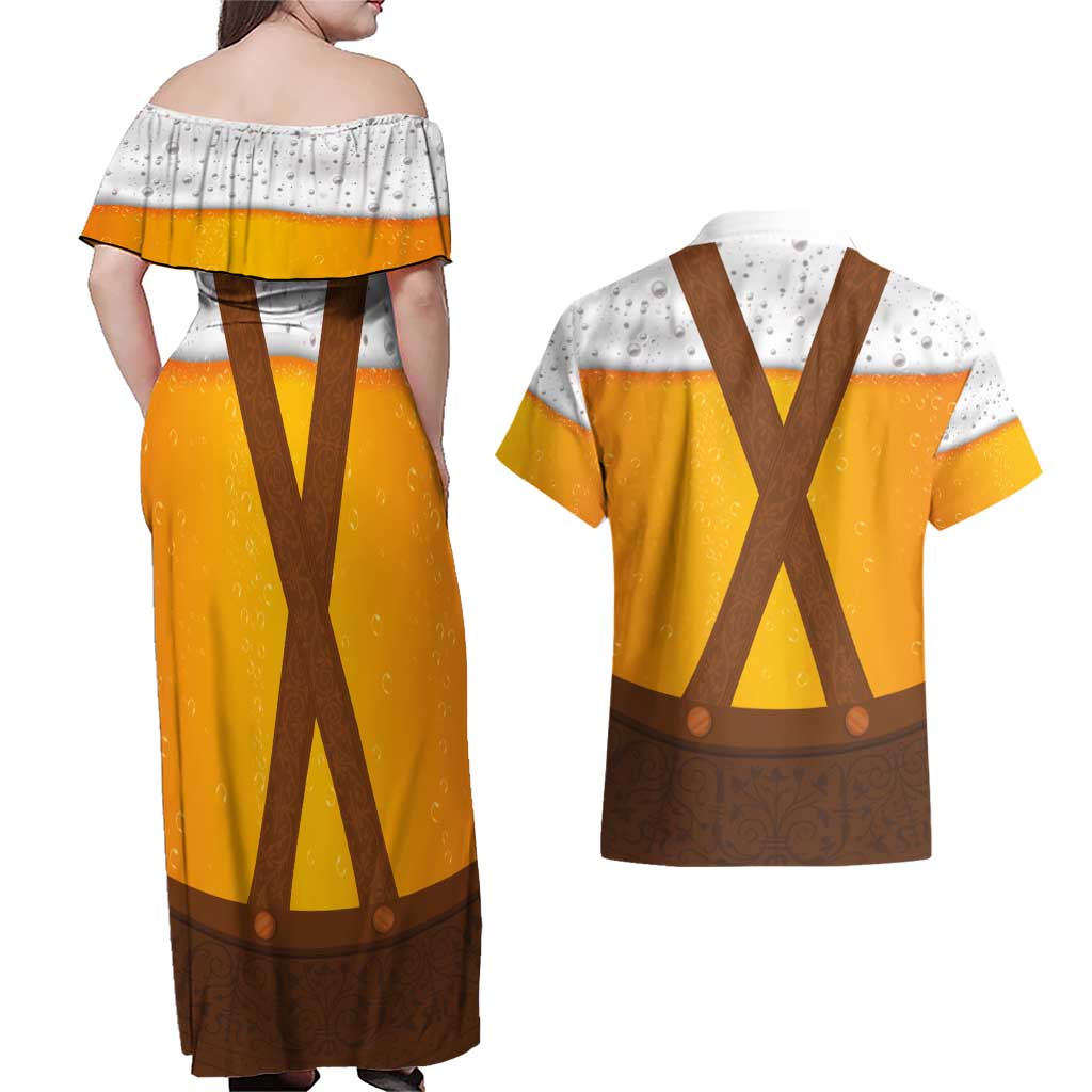 Traditional German Costume - Lederhosen Couples Matching Off Shoulder Maxi Dress and Hawaiian Shirt Oktoberfest Beer Head Funny Style