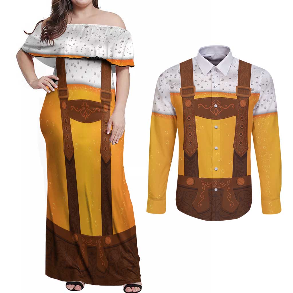 Traditional German Costume - Lederhosen Couples Matching Off Shoulder Maxi Dress and Long Sleeve Button Shirt Oktoberfest Beer Head Funny Style