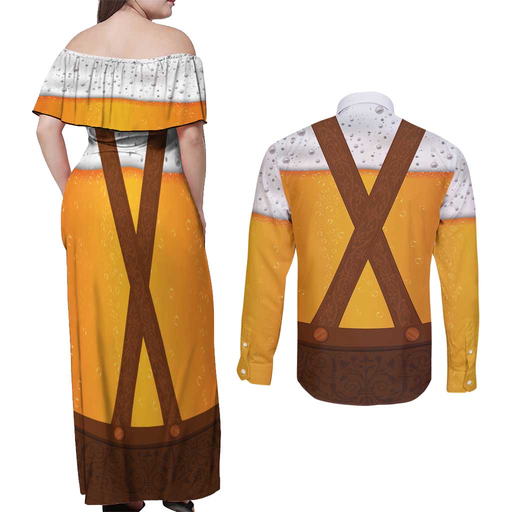 Traditional German Costume - Lederhosen Couples Matching Off Shoulder Maxi Dress and Long Sleeve Button Shirt Oktoberfest Beer Head Funny Style