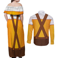 Traditional German Costume - Lederhosen Couples Matching Off Shoulder Maxi Dress and Long Sleeve Button Shirt Oktoberfest Beer Head Funny Style