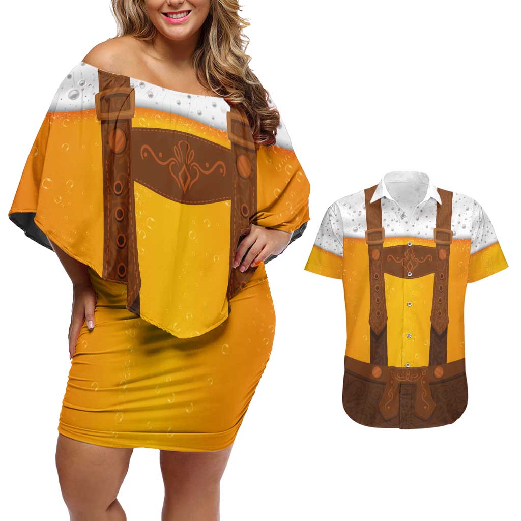 Traditional German Costume - Lederhosen Couples Matching Off Shoulder Short Dress and Hawaiian Shirt Oktoberfest Beer Head Funny Style