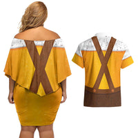 Traditional German Costume - Lederhosen Couples Matching Off Shoulder Short Dress and Hawaiian Shirt Oktoberfest Beer Head Funny Style