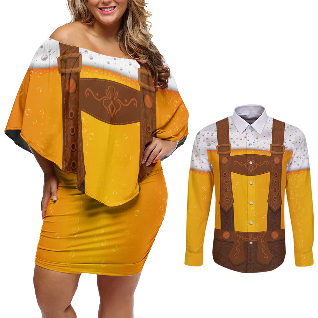 Traditional German Costume - Lederhosen Couples Matching Off Shoulder Short Dress and Long Sleeve Button Shirt Oktoberfest Beer Head Funny Style