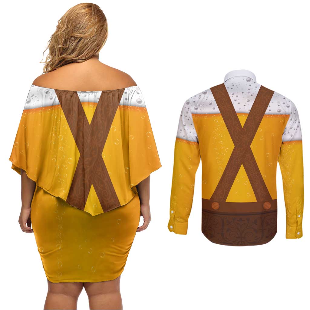 Traditional German Costume - Lederhosen Couples Matching Off Shoulder Short Dress and Long Sleeve Button Shirt Oktoberfest Beer Head Funny Style