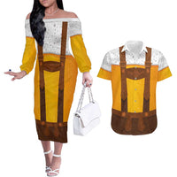 Traditional German Costume - Lederhosen Couples Matching Off The Shoulder Long Sleeve Dress and Hawaiian Shirt Oktoberfest Beer Head Funny Style