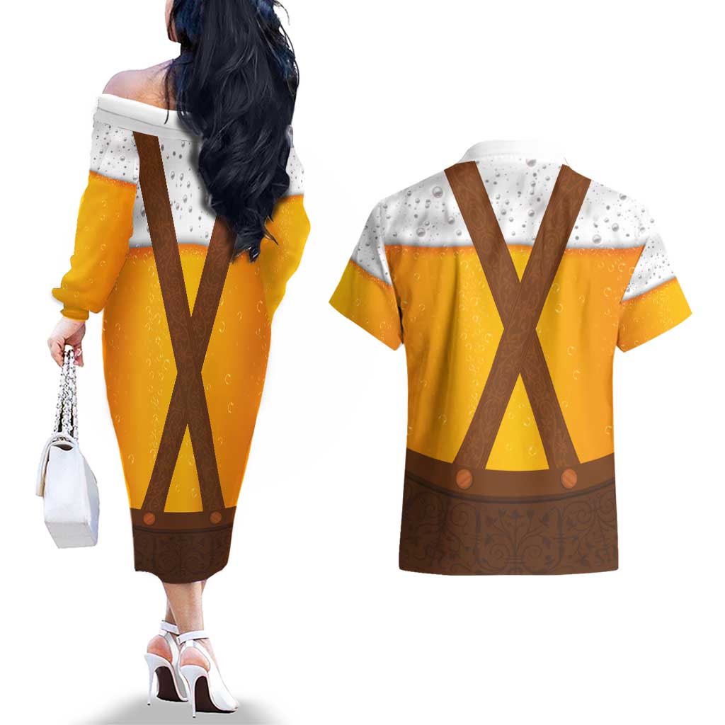 Traditional German Costume - Lederhosen Couples Matching Off The Shoulder Long Sleeve Dress and Hawaiian Shirt Oktoberfest Beer Head Funny Style