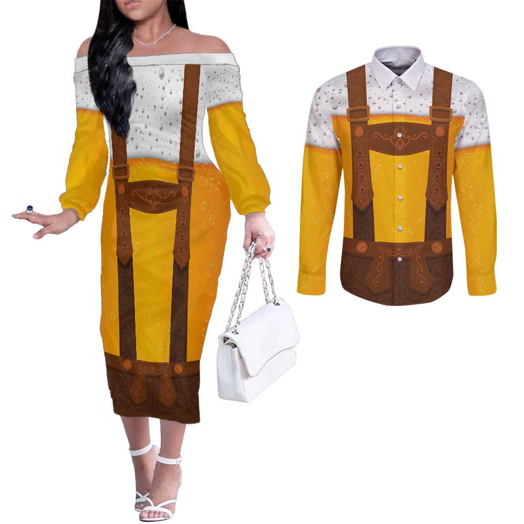 Traditional German Costume - Lederhosen Couples Matching Off The Shoulder Long Sleeve Dress and Long Sleeve Button Shirt Oktoberfest Beer Head Funny Style