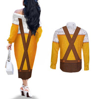 Traditional German Costume - Lederhosen Couples Matching Off The Shoulder Long Sleeve Dress and Long Sleeve Button Shirt Oktoberfest Beer Head Funny Style