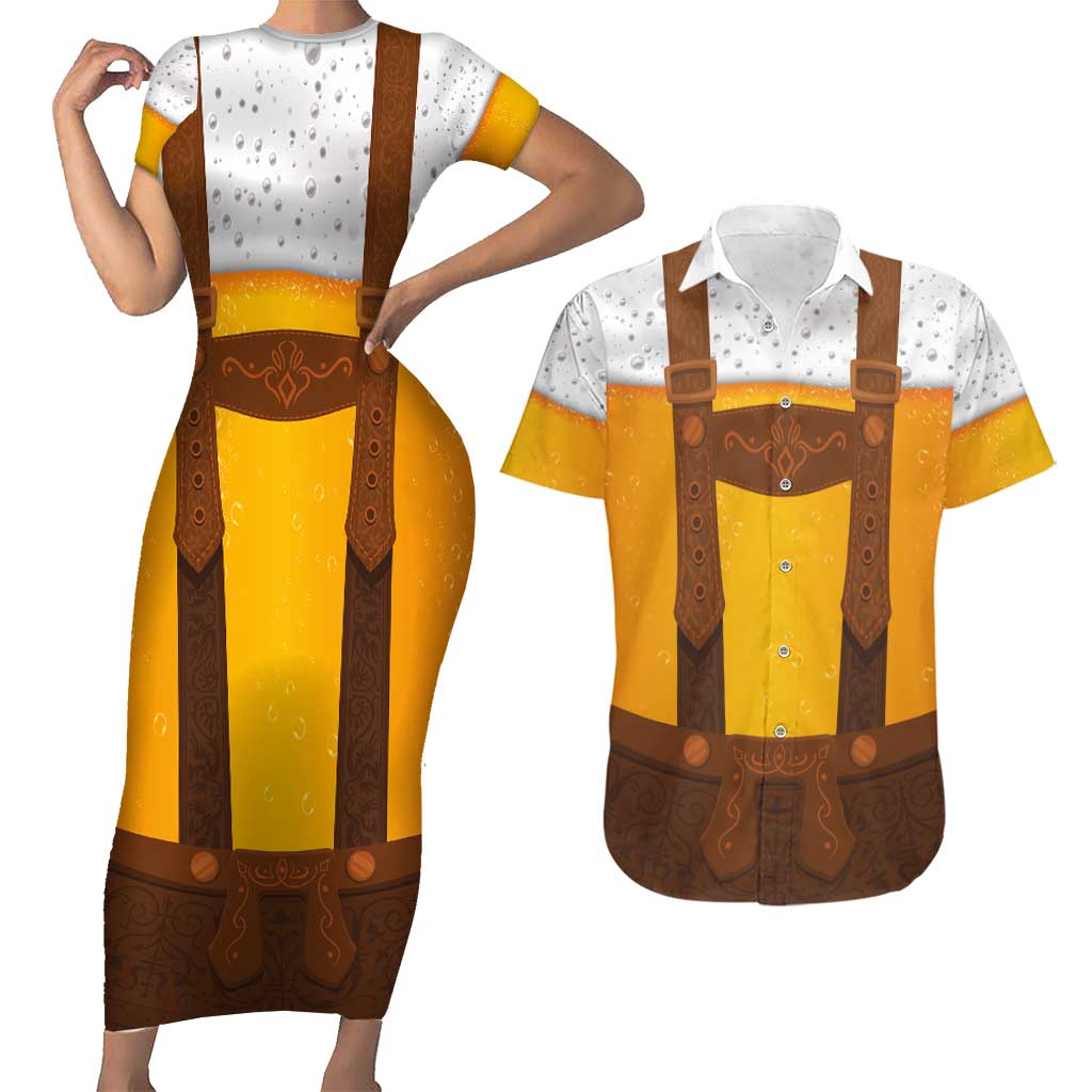 Traditional German Costume - Lederhosen Couples Matching Short Sleeve Bodycon Dress and Hawaiian Shirt Oktoberfest Beer Head Funny Style