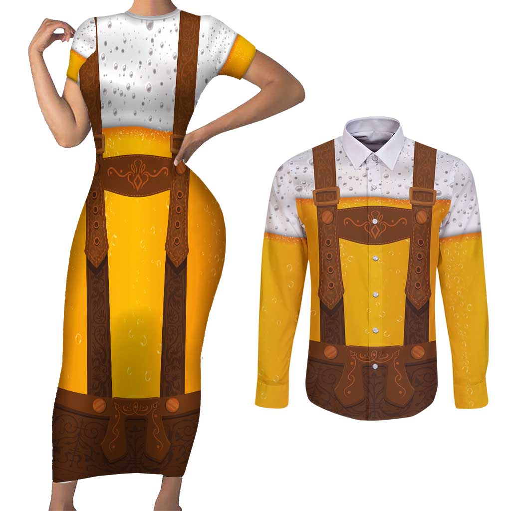 Traditional German Costume - Lederhosen Couples Matching Short Sleeve Bodycon Dress and Long Sleeve Button Shirt Oktoberfest Beer Head Funny Style