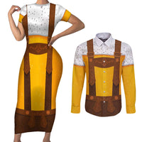 Traditional German Costume - Lederhosen Couples Matching Short Sleeve Bodycon Dress and Long Sleeve Button Shirt Oktoberfest Beer Head Funny Style