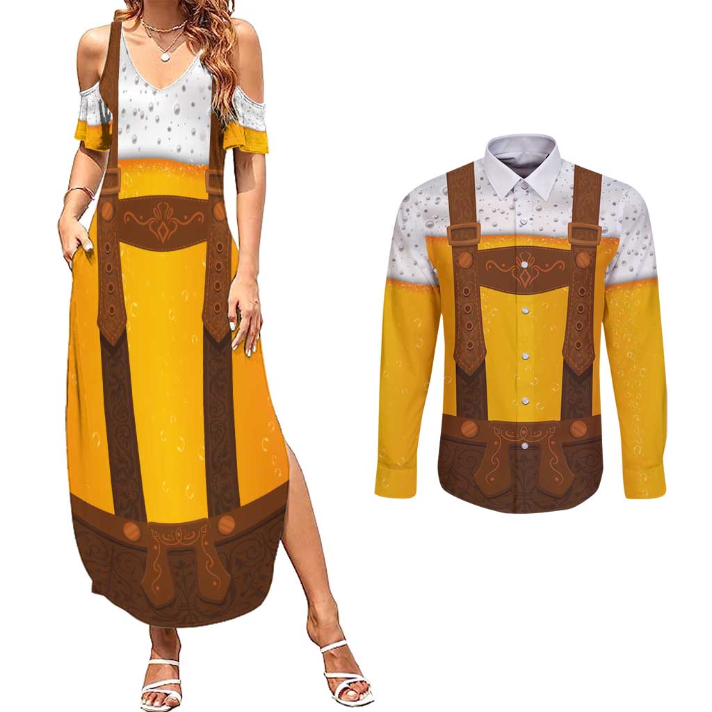 Traditional German Costume - Lederhosen Couples Matching Summer Maxi Dress and Long Sleeve Button Shirt Oktoberfest Beer Head Funny Style