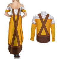Traditional German Costume - Lederhosen Couples Matching Summer Maxi Dress and Long Sleeve Button Shirt Oktoberfest Beer Head Funny Style
