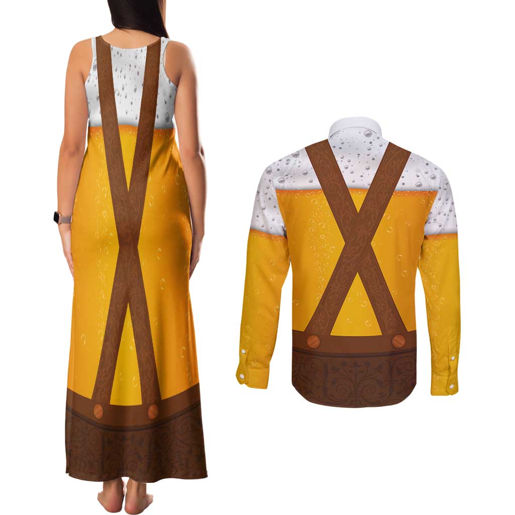 Traditional German Costume - Lederhosen Couples Matching Tank Maxi Dress and Long Sleeve Button Shirt Oktoberfest Beer Head Funny Style