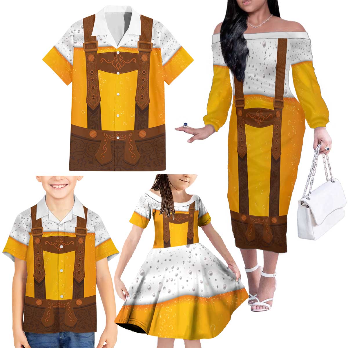 Traditional German Costume - Lederhosen Family Matching Off The Shoulder Long Sleeve Dress and Hawaiian Shirt Oktoberfest Beer Head Funny Style