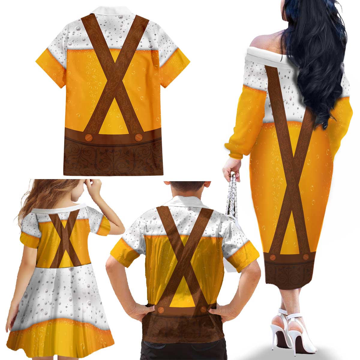 Traditional German Costume - Lederhosen Family Matching Off The Shoulder Long Sleeve Dress and Hawaiian Shirt Oktoberfest Beer Head Funny Style