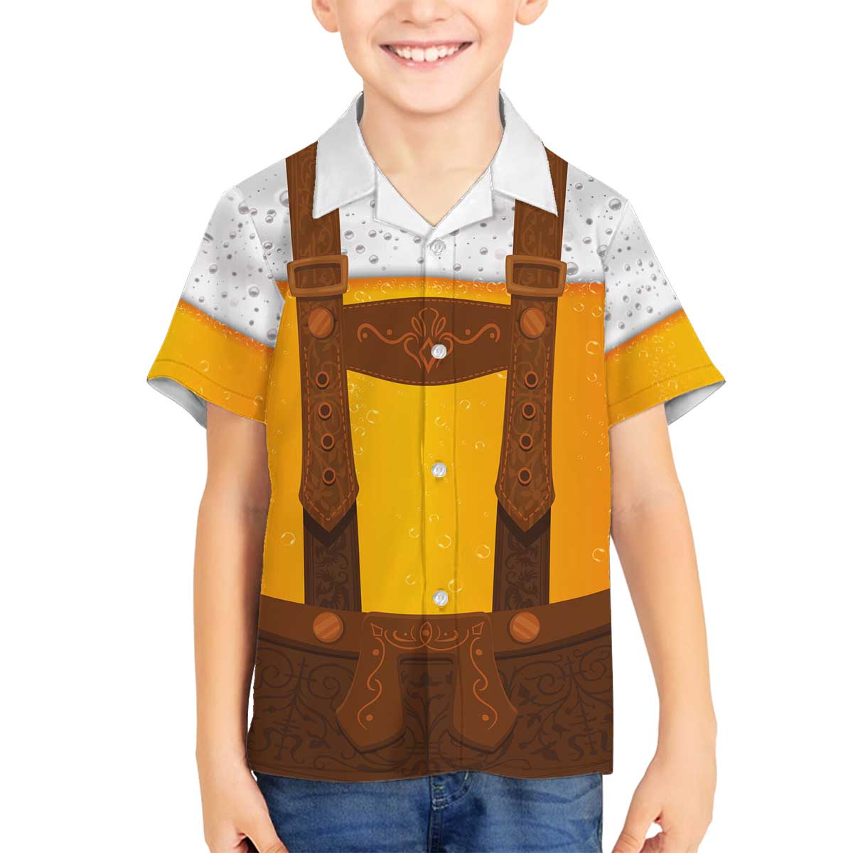 Traditional German Costume - Lederhosen Family Matching Off The Shoulder Long Sleeve Dress and Hawaiian Shirt Oktoberfest Beer Head Funny Style