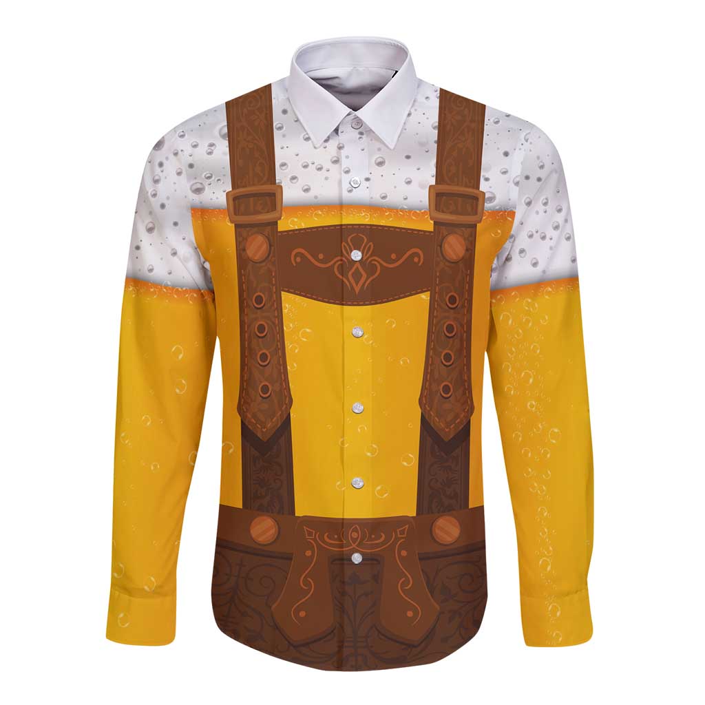 Traditional German Costume - Lederhosen Long Sleeve Button Shirt Oktoberfest Beer Head Funny Style