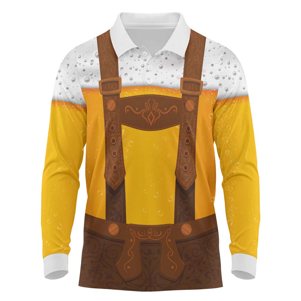 Traditional German Costume - Lederhosen Long Sleeve Polo Shirt Oktoberfest Beer Head Funny Style - Wonder Print Shop