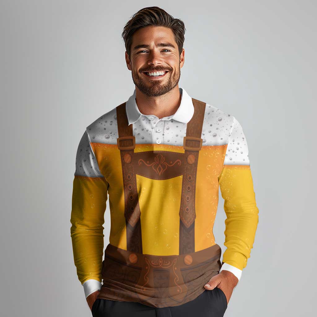 Traditional German Costume - Lederhosen Long Sleeve Polo Shirt Oktoberfest Beer Head Funny Style - Wonder Print Shop