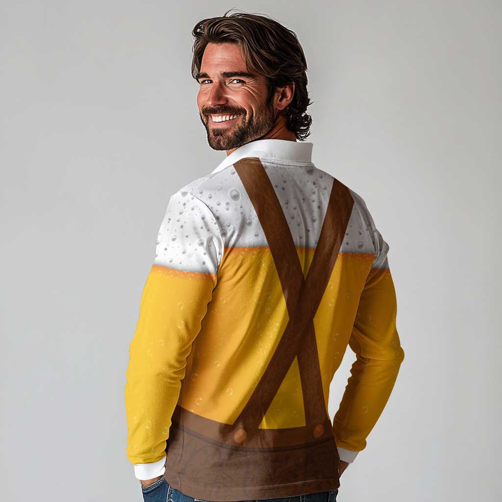 Traditional German Costume - Lederhosen Long Sleeve Polo Shirt Oktoberfest Beer Head Funny Style - Wonder Print Shop