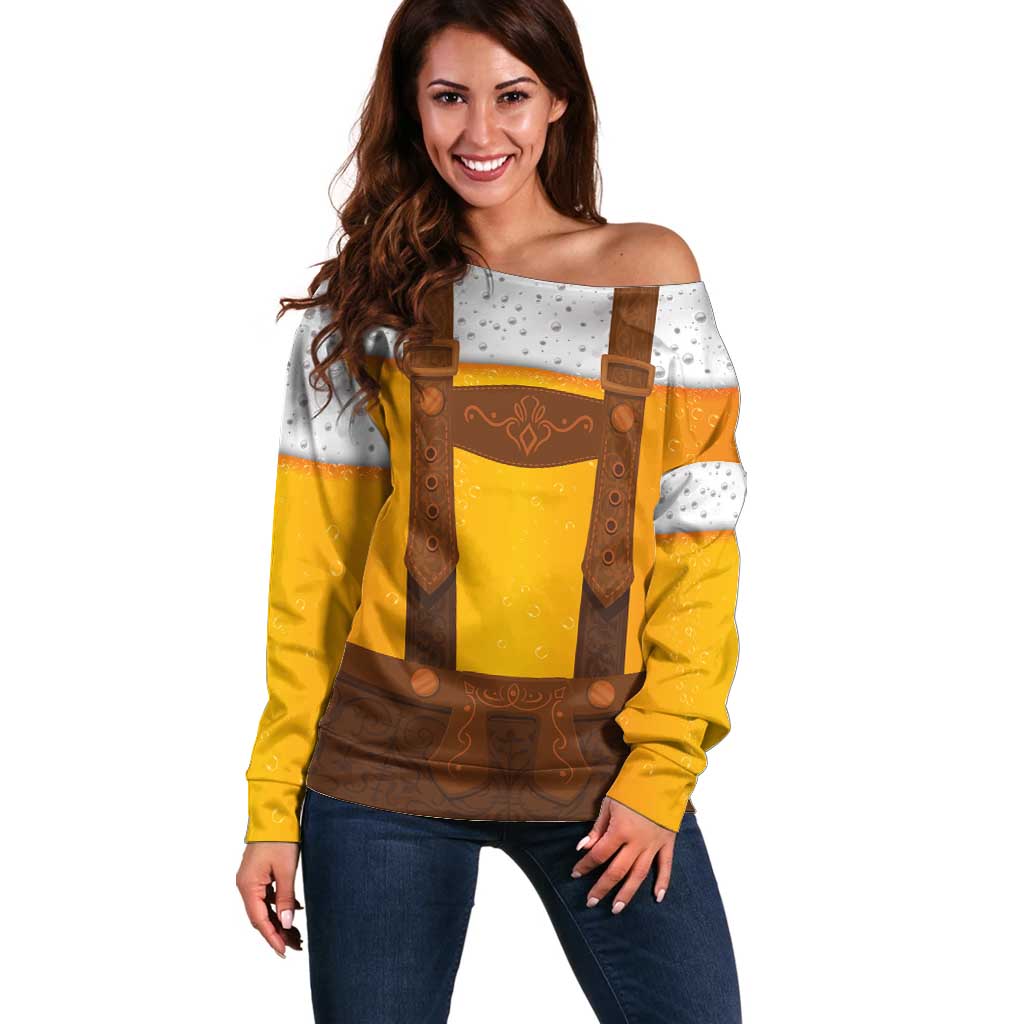 Traditional German Costume - Lederhosen Off Shoulder Sweater Oktoberfest Beer Head Funny Style - Wonder Print Shop