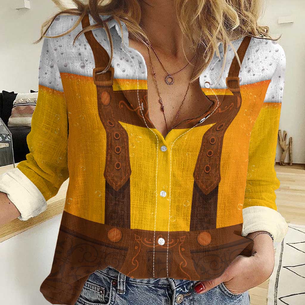 Traditional German Costume - Lederhosen Women Casual Shirt Oktoberfest Beer Head Funny Style - Wonder Print Shop